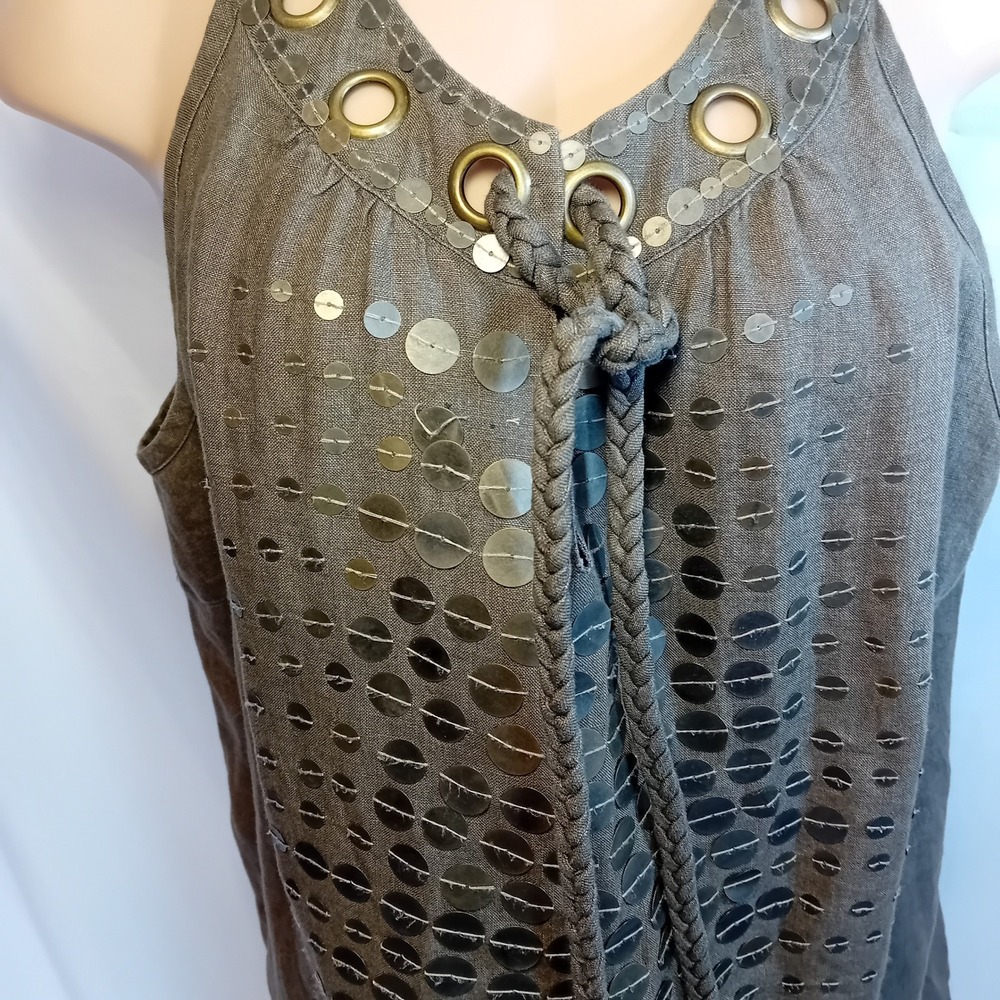 Signal Linen Sequin Studded Grommet Sleeveless Top Olive Green Bohemian Work XL - Picture 7 of 16